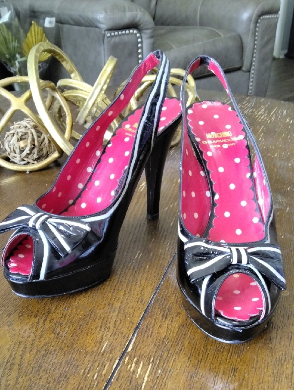 MOSCHINO Black Patent Peep-Toe Slingback Heels